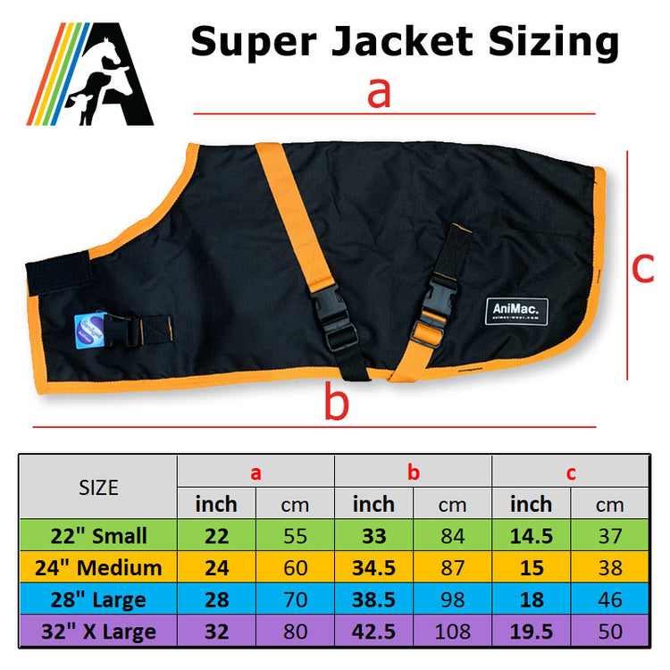 A sizing chart for Goat Coat | Waterproof dog coats features a photo of a black and orange jacket labeled with dimensions a, b, and c—like our adjustable goat blanket. The table lists size options in inches and cm for each dimension.