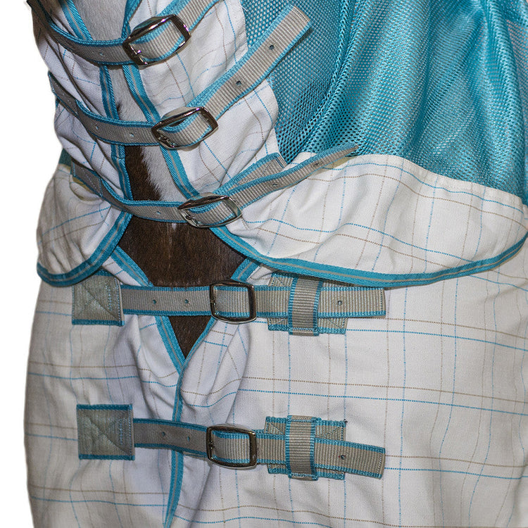 Close-up of a horse wearing the AniMac Allrounder Fly Rug Combo, featuring a white and blue checkered design with multiple blue straps and buckles securing it around the neck and chest.