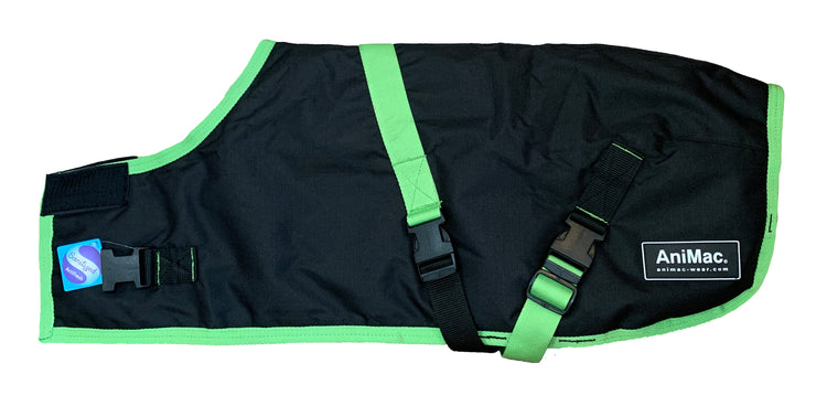 The Goat Coat | Waterproof is a black and green goat coat with adjustable straps, buckles, and an AniMac patch. This breathable coat is waterproof and laid flat to showcase its overall shape and design.