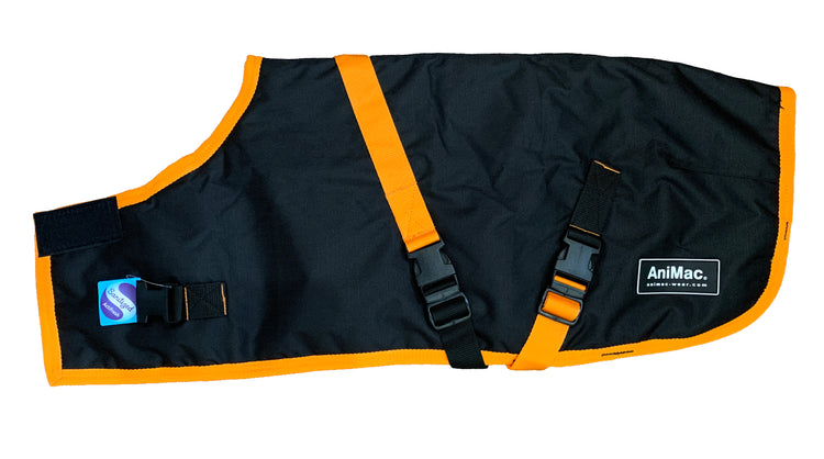 A black and orange waterproof dog coat with adjustable straps, plastic buckles, Velcro fastener, and AniMac label—crafted to the same quality standards as our Goat Coat | Waterproof range.