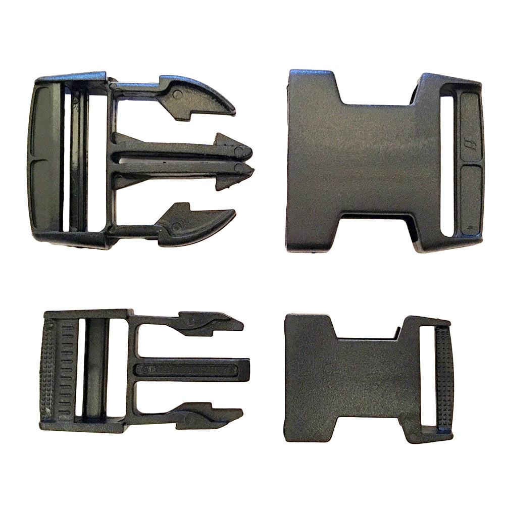 Four Spare Plastic Clips, black side-release buckles with rectangular slots for straps, are displayed on a white background with male and female parts shown side by side—ideal replacements for Super Coats or Super Blankets.