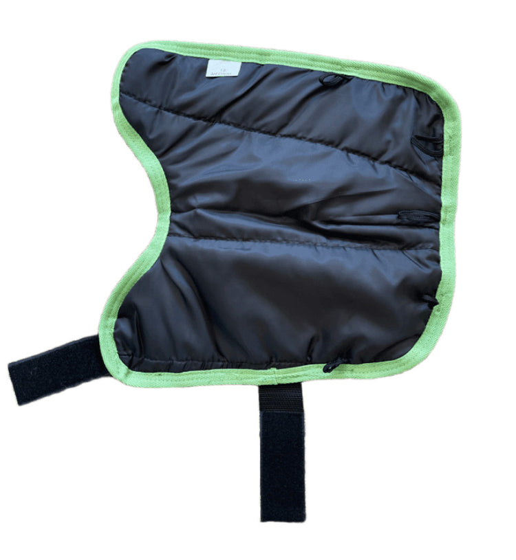 A black, padded Lamb Coat | Waterproof with a quilted design, light green border, and two black Velcro straps is laid flat and open on a white background.