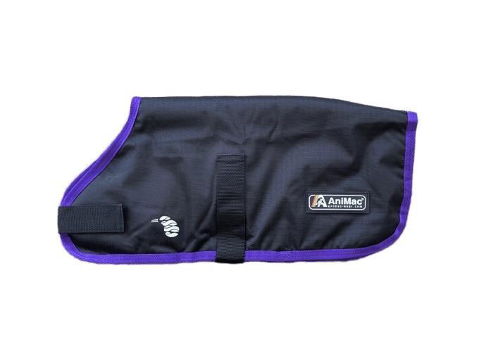 A black Alpaca Coat | Waterproof with purple trim, Velcro strap, and AniMac logo patch on the side. This breathable coat fits comfortably around your animal's body.