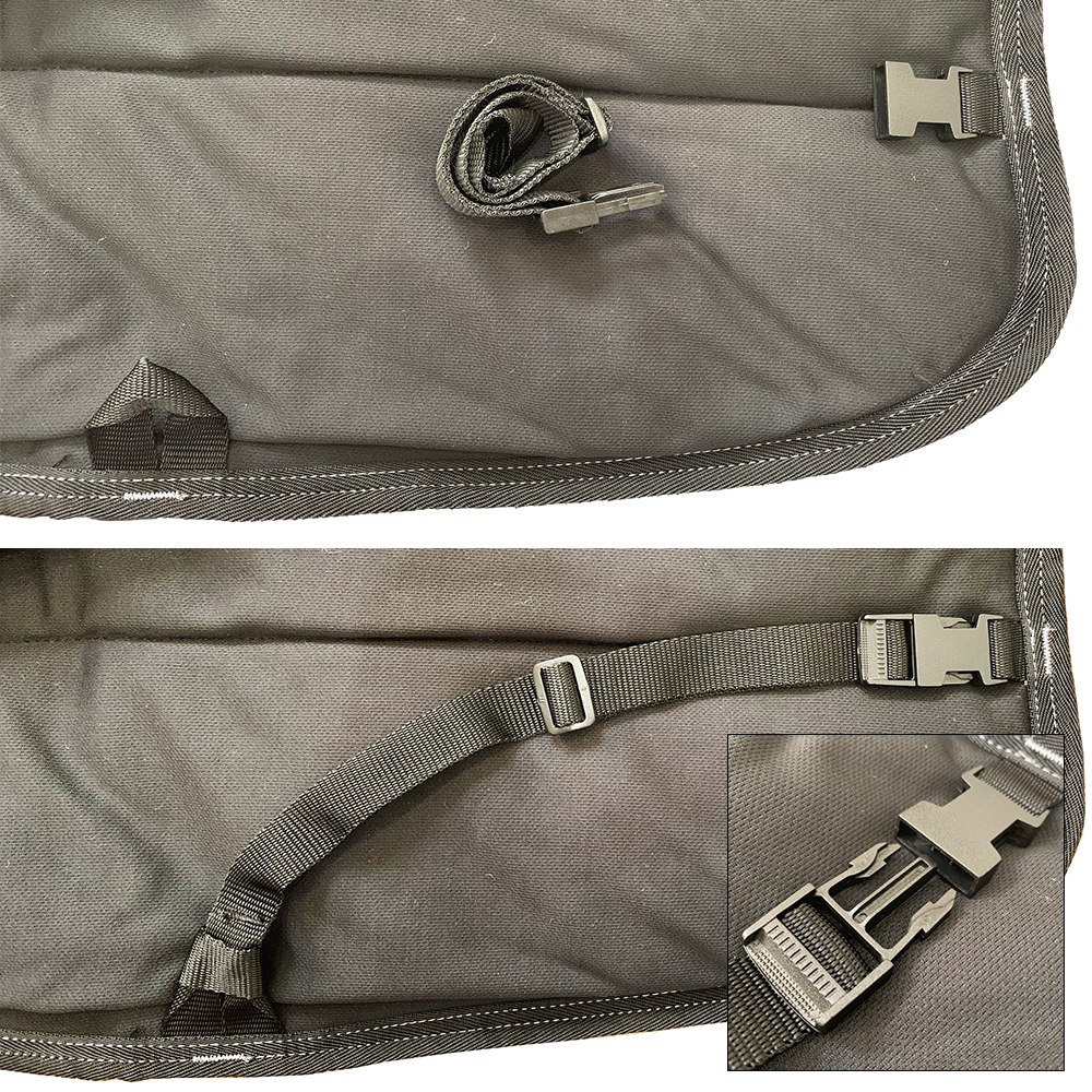 Two views of Spare Leg Straps for Super Jackets in dark fabric with a plastic buckle—one rolled up, one extended and buckled. A close-up highlights the buckle and clips at the bottom right.
