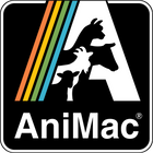 Logo with a large white letter A featuring silhouettes of a cow, sheep, and goat. Four colored diagonal stripes (orange, yellow, green, blue) are at the left. Below is the text AniMac in white.