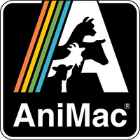 Logo with a large white letter A featuring silhouettes of a cow, sheep, and goat. Four colored diagonal stripes (orange, yellow, green, blue) are at the left. Below is the text AniMac in white.